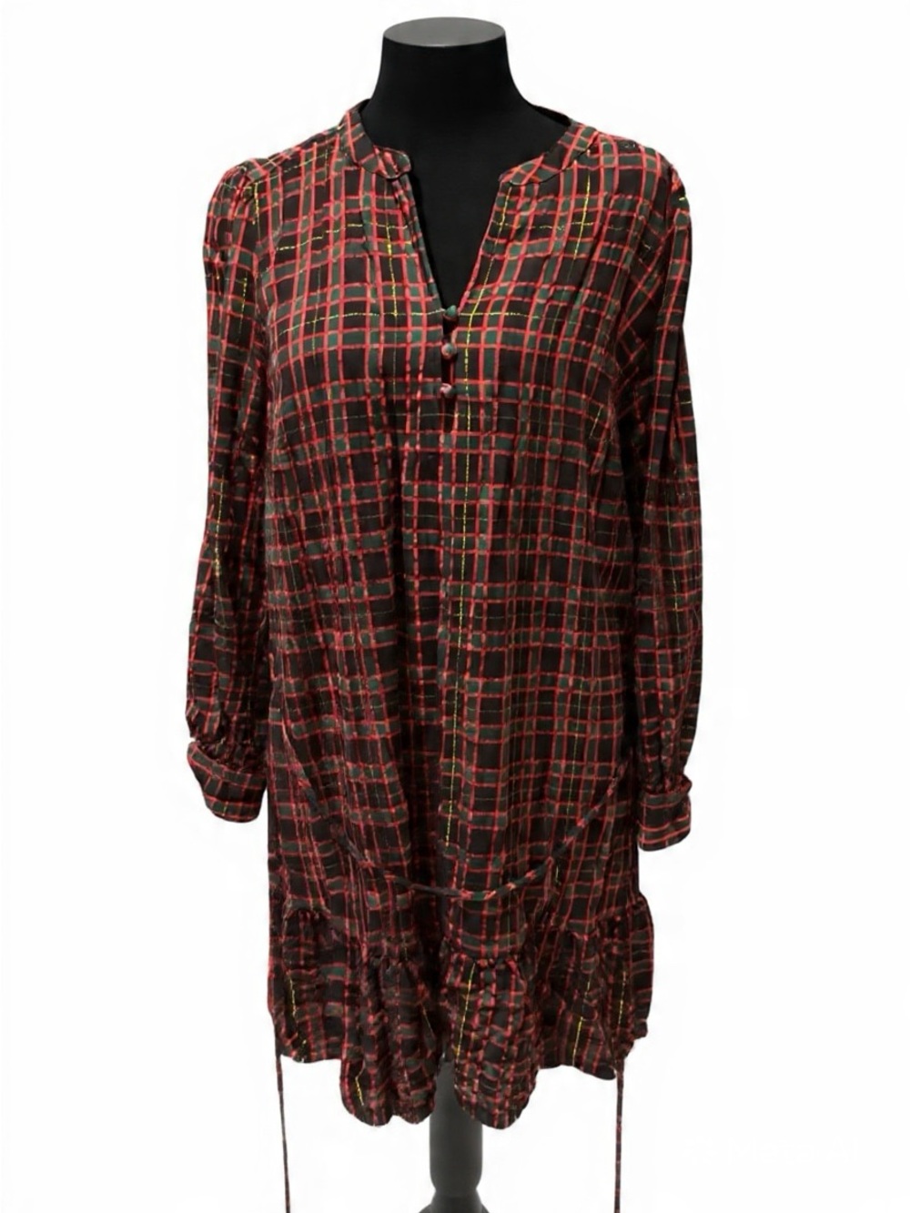 LOFT Long Sleeve Plaid Tunic Dress in Black with Red and Green Accents